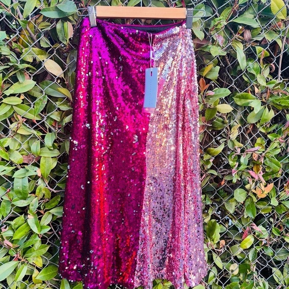 Pink Anthropologie NWT Fully Sequined Color block Skirt Endless Rose NEW XS Prom - Picture 11 of 12